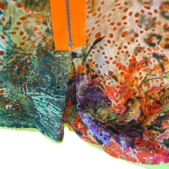 Elie Tahari Sz 2 Neon Green Orange Tropical Léopard Mesh Wedding Guest Dress - Picture 4 of 7